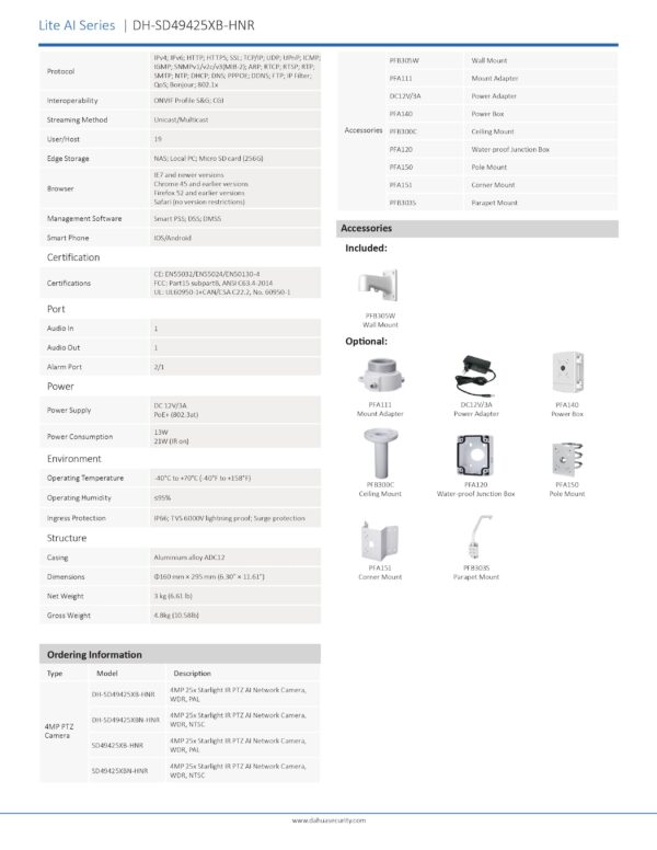 Dahua Sd Xb Hnr Mp X Starlight Ir Ptz Ai Network Camera