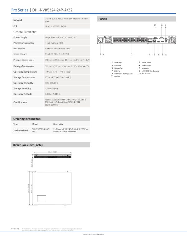 DAHUA NVR5224 24P 4KS2 24CH 1U 4K H 265 Network Video Recorder With 24