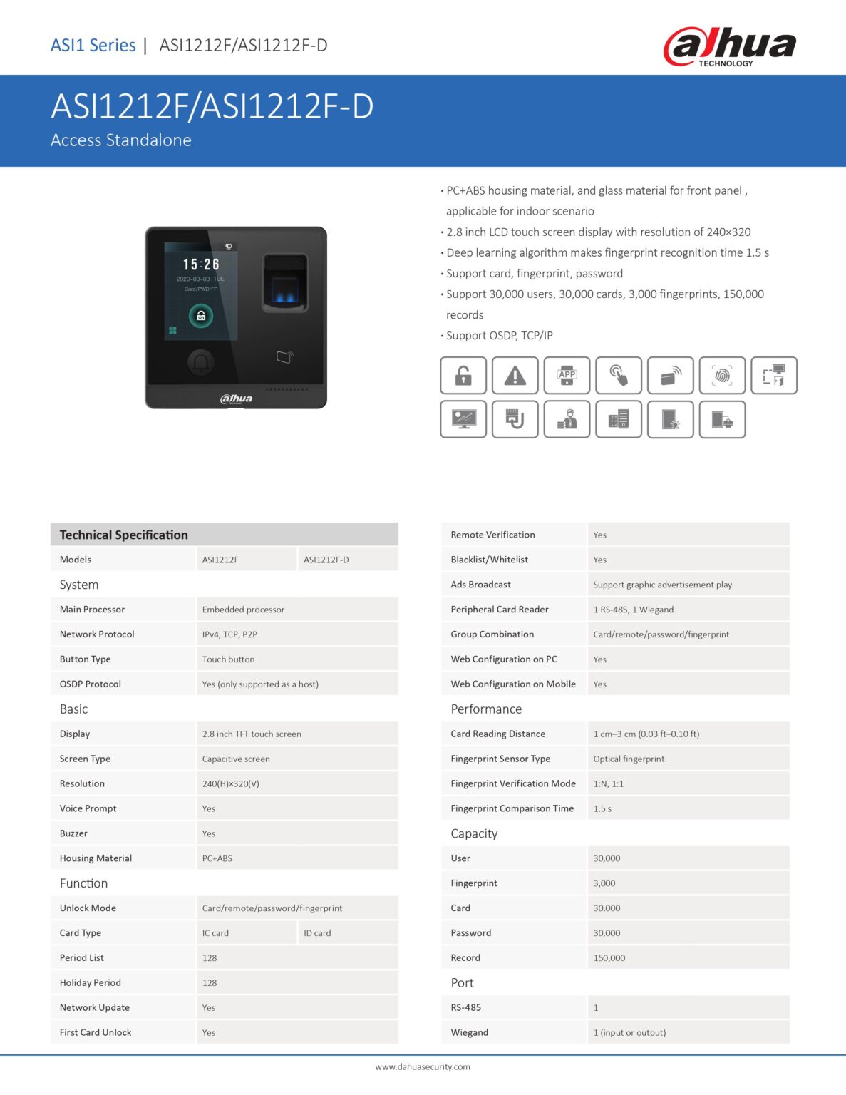 DAHUA ASI1212F D Standalone Fingerprint ID Card Access Controller With