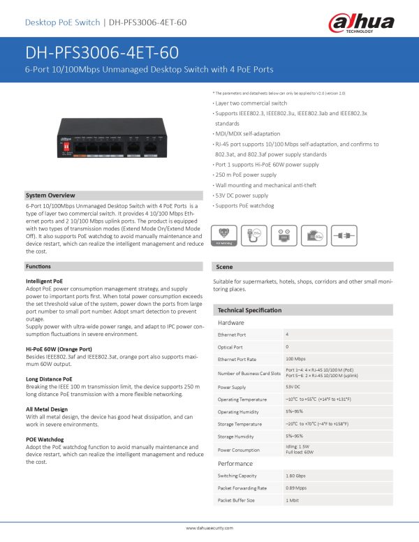 Dahua Pfs Et Port Mbps Unmanaged Desktop Switch With