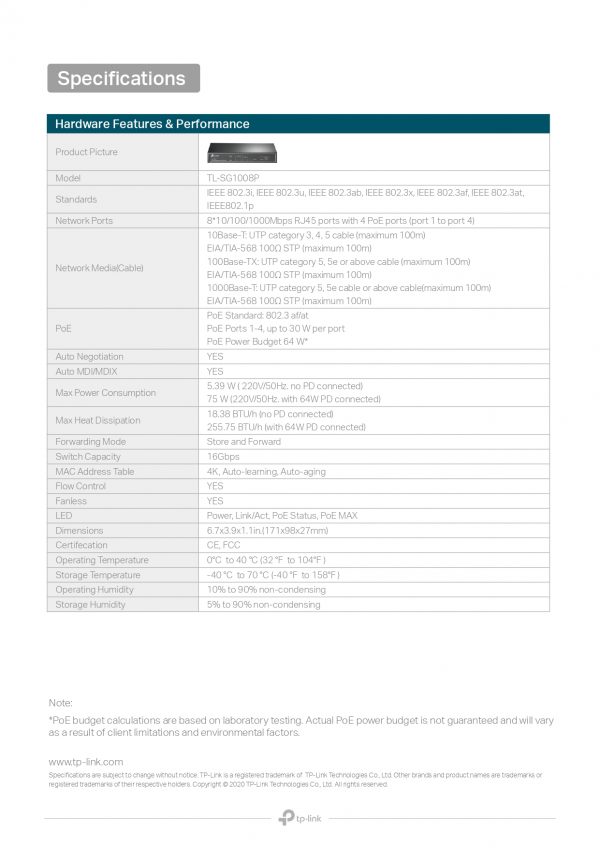 TP-LINK TL-SG1008P 8-Port Gigabit Desktop Switch with 4-Port PoE+ ...