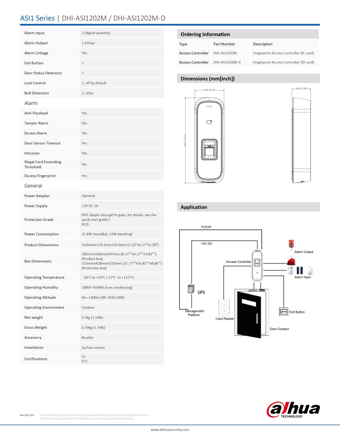 DAHUA ASI1202M Waterproof Fingerprint Standalone Mifare Card Access ...