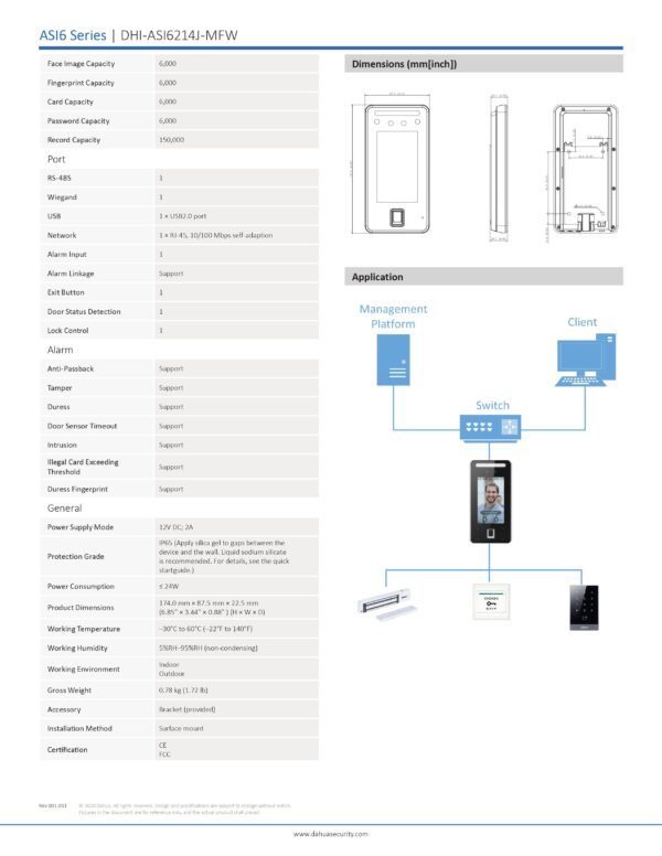 DAHUA ASI6214J-MFW Mifare Card, Face & Fingerprint Recognition Access ...